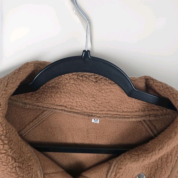 Fashion Sherpa Fleece Jacket Women Brown Polyester Medium Zip Pockets Snap Comfy - Picture 5 of 11